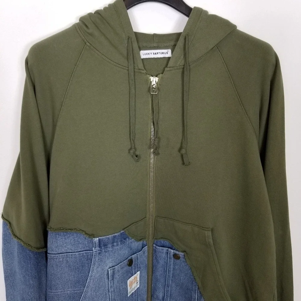 Lucky Sartorius Men Green Denim Patchwork Full Zip Hooded Jacket Sz XL‎ Pockets